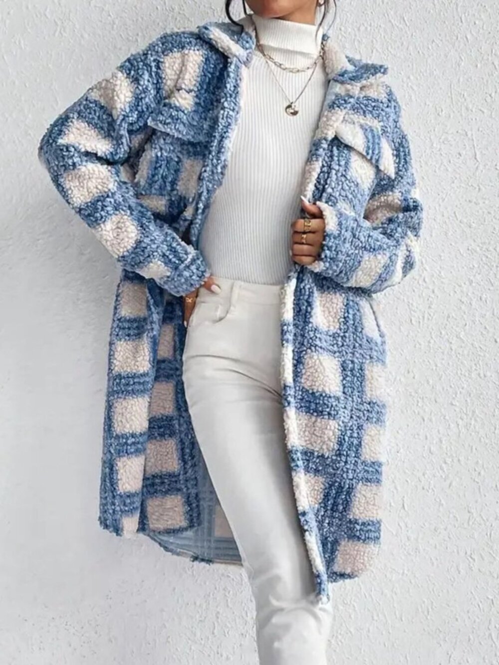 Blue Plaid Button Up Long Sleeve Fleece Coat